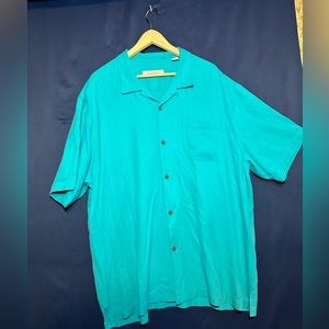 Tommy Bahama Shirt Mens Teal Blue XXLarge Silk Hawaiian  Short Sleeve Button Up